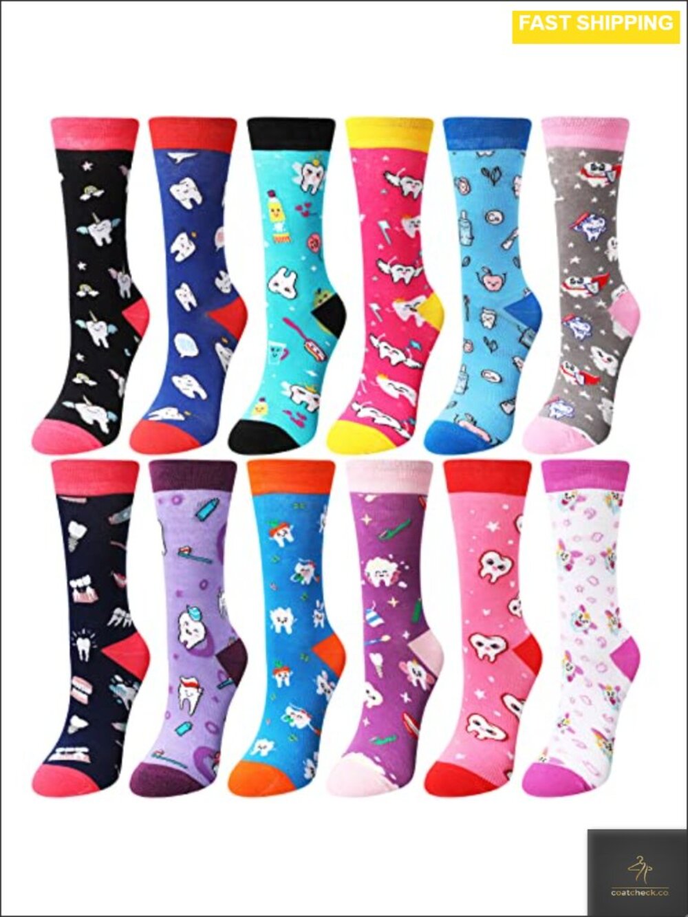 12 Pairs Dental Tooth Crew Socks Combed Cotton Funny Novelty Gift